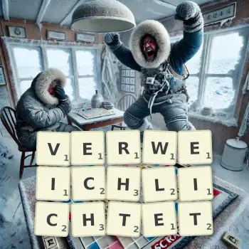 Kreative Illustration für ein Scrabble-Spiel, bei dem das Wort VERWEICHLICHTET mit Steinen auf dem Brett gelegt wurde.