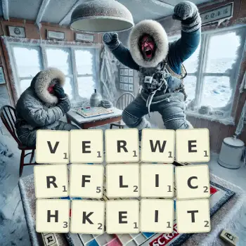 Kreative Illustration für ein Scrabble-Spiel, bei dem das Wort VERWERFLICHKEIT mit Steinen auf dem Brett gelegt wurde.