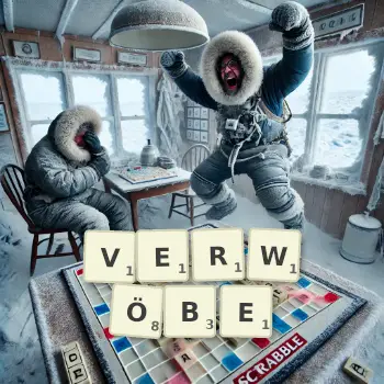 Kreative Illustration für ein Scrabble-Spiel, bei dem das Wort VERWÖBE mit Steinen auf dem Brett gelegt wurde.
