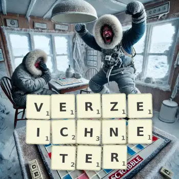 Kreative Illustration für ein Scrabble-Spiel, bei dem das Wort VERZEICHNETER mit Steinen auf dem Brett gelegt wurde.