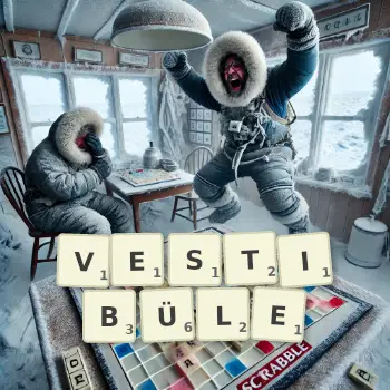 Kreative Illustration für ein Scrabble-Spiel, bei dem das Wort VESTIBÜLE mit Steinen auf dem Brett gelegt wurde.