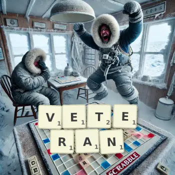 Kreative Illustration für ein Scrabble-Spiel, bei dem das Wort VETERAN mit Steinen auf dem Brett gelegt wurde.