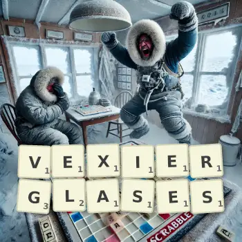 Kreative Illustration für ein Scrabble-Spiel, bei dem das Wort VEXIERGLASES mit Steinen auf dem Brett gelegt wurde.