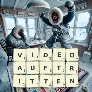 Kreative Illustration für ein Scrabble-Spiel, bei dem das Wort VIDEOAUFTRITTEN mit Steinen auf dem Brett gelegt wurde.