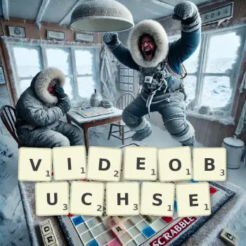 Kreative Illustration für ein Scrabble-Spiel, bei dem das Wort VIDEOBUCHSE mit Steinen auf dem Brett gelegt wurde.