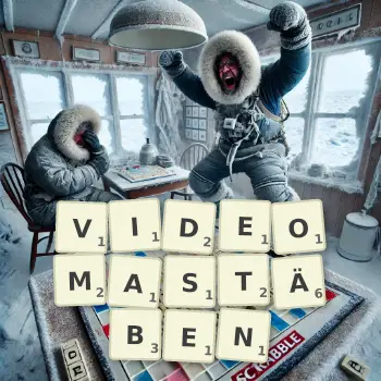 Kreative Illustration für ein Scrabble-Spiel, bei dem das Wort VIDEOMASTÄBEN mit Steinen auf dem Brett gelegt wurde.