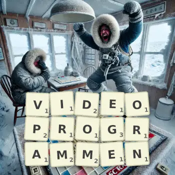 Kreative Illustration für ein Scrabble-Spiel, bei dem das Wort VIDEOPROGRAMMEN mit Steinen auf dem Brett gelegt wurde.