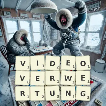 Kreative Illustration für ein Scrabble-Spiel, bei dem das Wort VIDEOVERWERTUNG mit Steinen auf dem Brett gelegt wurde.