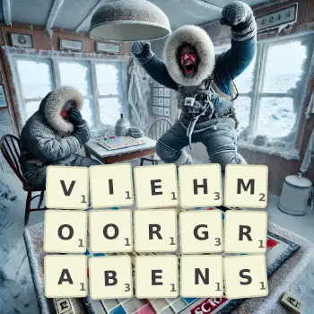 Kreative Illustration für ein Scrabble-Spiel, bei dem das Wort VIEHMOORGRABENS mit Steinen auf dem Brett gelegt wurde.