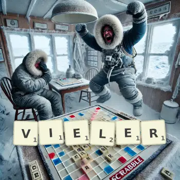 Kreative Illustration für ein Scrabble-Spiel, bei dem das Wort VIELER mit Steinen auf dem Brett gelegt wurde.