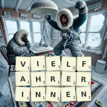 Kreative Illustration für ein Scrabble-Spiel, bei dem das Wort VIELFAHRERINNEN mit Steinen auf dem Brett gelegt wurde.