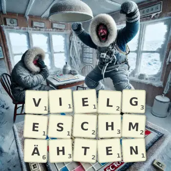 Kreative Illustration für ein Scrabble-Spiel, bei dem das Wort VIELGESCHMÄHTEN mit Steinen auf dem Brett gelegt wurde.
