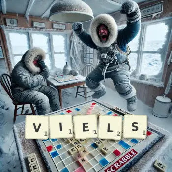 Kreative Illustration für ein Scrabble-Spiel, bei dem das Wort VIELS mit Steinen auf dem Brett gelegt wurde.