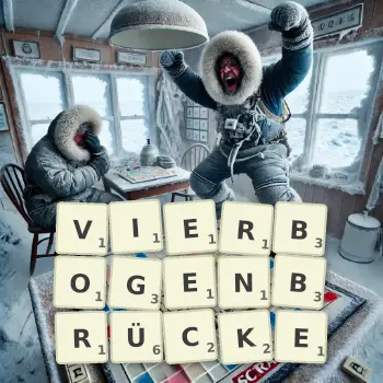 Kreative Illustration für ein Scrabble-Spiel, bei dem das Wort VIERBOGENBRÜCKE mit Steinen auf dem Brett gelegt wurde.