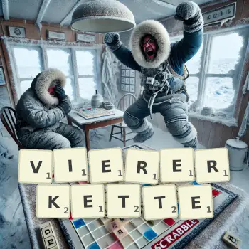 Kreative Illustration für ein Scrabble-Spiel, bei dem das Wort VIERERKETTE mit Steinen auf dem Brett gelegt wurde.
