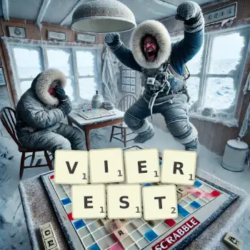 Kreative Illustration für ein Scrabble-Spiel, bei dem das Wort VIEREST mit Steinen auf dem Brett gelegt wurde.