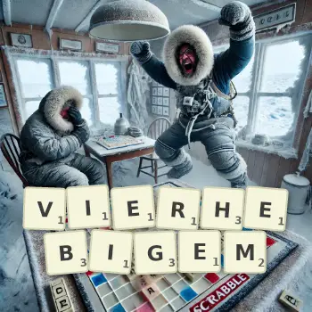 Kreative Illustration für ein Scrabble-Spiel, bei dem das Wort VIERHEBIGEM mit Steinen auf dem Brett gelegt wurde.