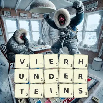 Kreative Illustration für ein Scrabble-Spiel, bei dem das Wort VIERHUNDERTEINS mit Steinen auf dem Brett gelegt wurde.