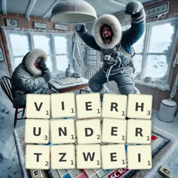 Kreative Illustration für ein Scrabble-Spiel, bei dem das Wort VIERHUNDERTZWEI mit Steinen auf dem Brett gelegt wurde.