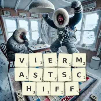 Kreative Illustration für ein Scrabble-Spiel, bei dem das Wort VIERMASTSCHIFF mit Steinen auf dem Brett gelegt wurde.