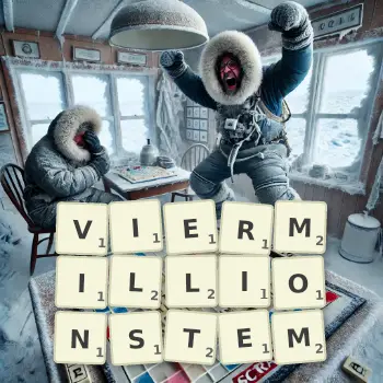 Kreative Illustration für ein Scrabble-Spiel, bei dem das Wort VIERMILLIONSTEM mit Steinen auf dem Brett gelegt wurde.