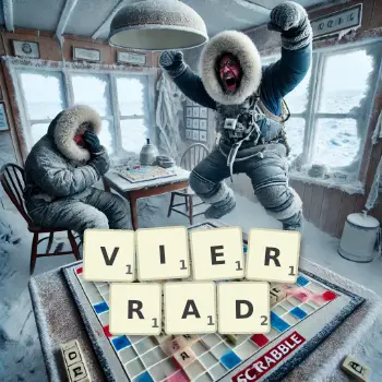 Kreative Illustration für ein Scrabble-Spiel, bei dem das Wort VIERRAD mit Steinen auf dem Brett gelegt wurde.
