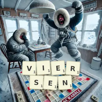 Kreative Illustration für ein Scrabble-Spiel, bei dem das Wort VIERSEN mit Steinen auf dem Brett gelegt wurde.
