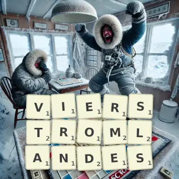 Kreative Illustration für ein Scrabble-Spiel, bei dem das Wort VIERSTROMLANDES mit Steinen auf dem Brett gelegt wurde.