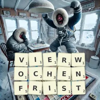 Kreative Illustration für ein Scrabble-Spiel, bei dem das Wort VIERWOCHENFRIST mit Steinen auf dem Brett gelegt wurde.