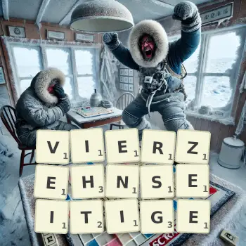 Kreative Illustration für ein Scrabble-Spiel, bei dem das Wort VIERZEHNSEITIGE mit Steinen auf dem Brett gelegt wurde.