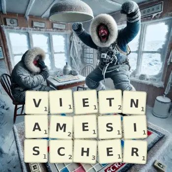 Kreative Illustration für ein Scrabble-Spiel, bei dem das Wort VIETNAMESISCHER mit Steinen auf dem Brett gelegt wurde.