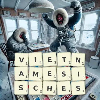 Kreative Illustration für ein Scrabble-Spiel, bei dem das Wort VIETNAMESISCHES mit Steinen auf dem Brett gelegt wurde.