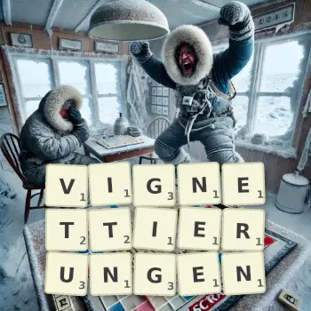 Kreative Illustration für ein Scrabble-Spiel, bei dem das Wort VIGNETTIERUNGEN mit Steinen auf dem Brett gelegt wurde.