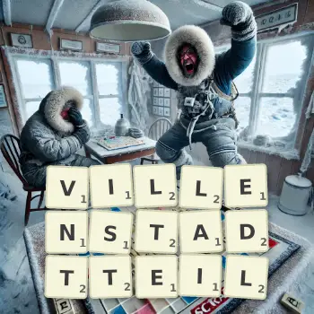 Kreative Illustration für ein Scrabble-Spiel, bei dem das Wort VILLENSTADTTEIL mit Steinen auf dem Brett gelegt wurde.