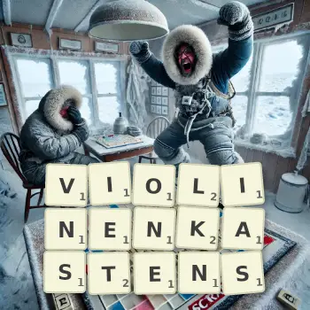 Kreative Illustration für ein Scrabble-Spiel, bei dem das Wort VIOLINENKASTENS mit Steinen auf dem Brett gelegt wurde.