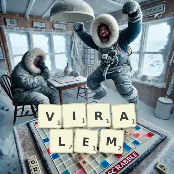 Kreative Illustration für ein Scrabble-Spiel, bei dem das Wort VIRALEM mit Steinen auf dem Brett gelegt wurde.