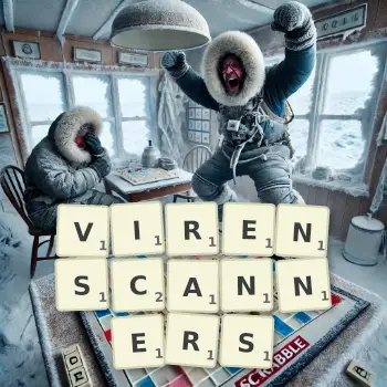 Kreative Illustration für ein Scrabble-Spiel, bei dem das Wort VIRENSCANNERS mit Steinen auf dem Brett gelegt wurde.