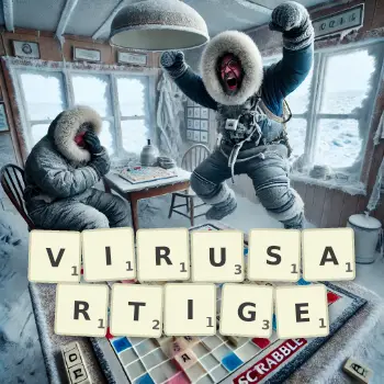 Kreative Illustration für ein Scrabble-Spiel, bei dem das Wort VIRUSARTIGE mit Steinen auf dem Brett gelegt wurde.