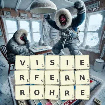 Kreative Illustration für ein Scrabble-Spiel, bei dem das Wort VISIERFERNROHRE mit Steinen auf dem Brett gelegt wurde.