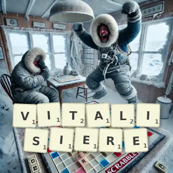 Kreative Illustration für ein Scrabble-Spiel, bei dem das Wort VITALISIERE mit Steinen auf dem Brett gelegt wurde.