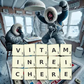 Kreative Illustration für ein Scrabble-Spiel, bei dem das Wort VITAMINREICHERE mit Steinen auf dem Brett gelegt wurde.