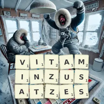 Kreative Illustration für ein Scrabble-Spiel, bei dem das Wort VITAMINZUSATZES mit Steinen auf dem Brett gelegt wurde.