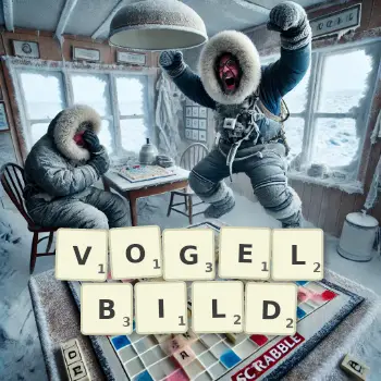 Kreative Illustration für ein Scrabble-Spiel, bei dem das Wort VOGELBILD mit Steinen auf dem Brett gelegt wurde.