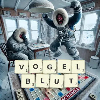 Kreative Illustration für ein Scrabble-Spiel, bei dem das Wort VOGELBLUT mit Steinen auf dem Brett gelegt wurde.