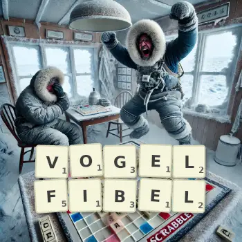 Kreative Illustration für ein Scrabble-Spiel, bei dem das Wort VOGELFIBEL mit Steinen auf dem Brett gelegt wurde.