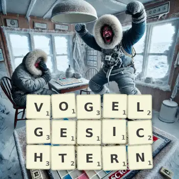 Kreative Illustration für ein Scrabble-Spiel, bei dem das Wort VOGELGESICHTERN mit Steinen auf dem Brett gelegt wurde.