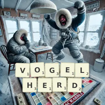 Kreative Illustration für ein Scrabble-Spiel, bei dem das Wort VOGELHERD mit Steinen auf dem Brett gelegt wurde.