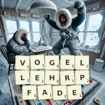 Kreative Illustration für ein Scrabble-Spiel, bei dem das Wort VOGELLEHRPFADE mit Steinen auf dem Brett gelegt wurde.