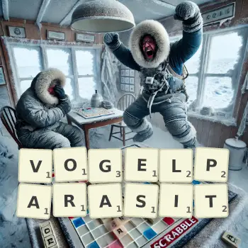 Kreative Illustration für ein Scrabble-Spiel, bei dem das Wort VOGELPARASIT mit Steinen auf dem Brett gelegt wurde.