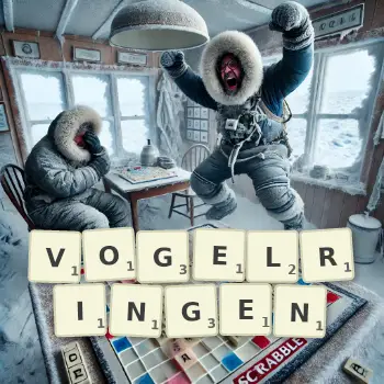 Kreative Illustration für ein Scrabble-Spiel, bei dem das Wort VOGELRINGEN mit Steinen auf dem Brett gelegt wurde.